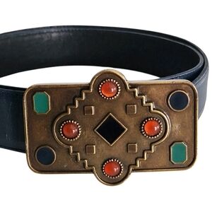 Vtg Ginnie Johansen Blue Leather Adjustable Belt Southwestern Cabochon Buckle